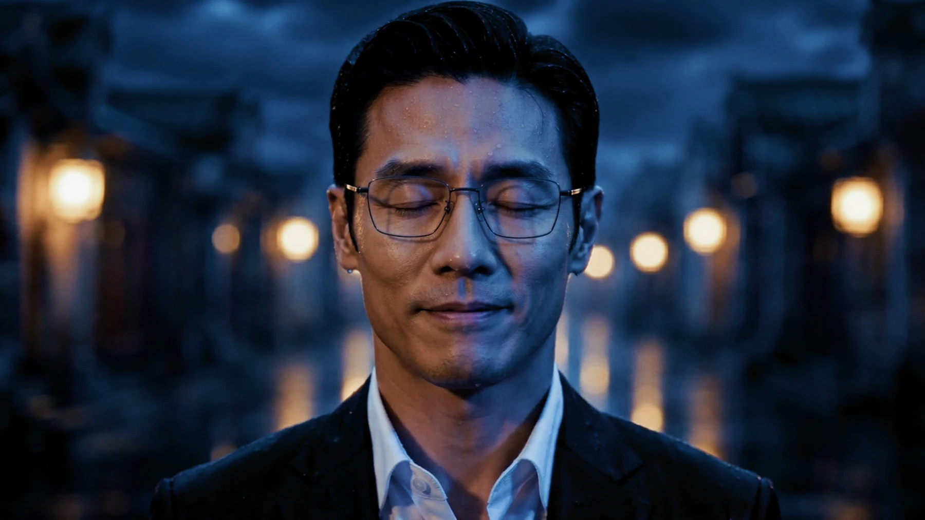 《轉來》劇照：暖色燈影下，戴眼鏡的男子閉目站在雨中